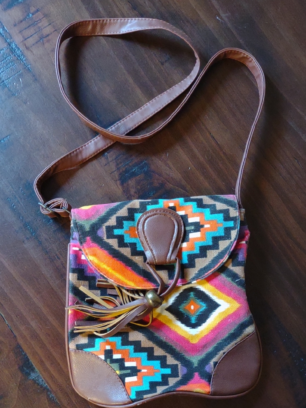 Boho Crossbody Bag with Aztec Print and Brown Trim
